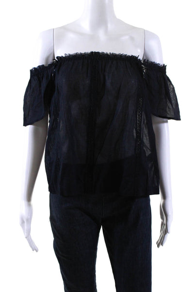 Paige Womens Cotton Cap Sleeve Embroidered Blouse Top Navy Blue Size S