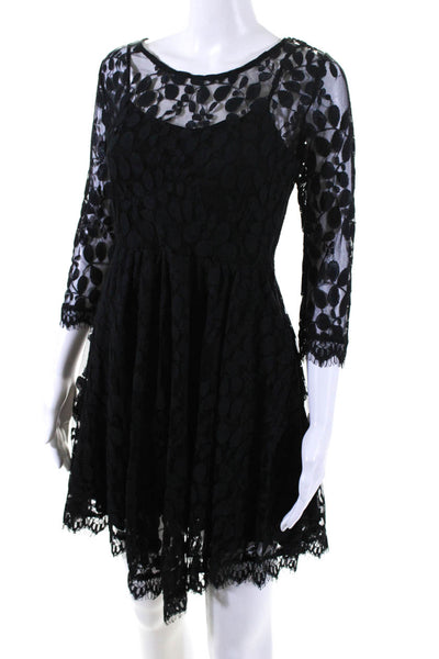 Free People Womens Floral Mesh Long Sleeve Round Neck A Line Dress Black Size 2