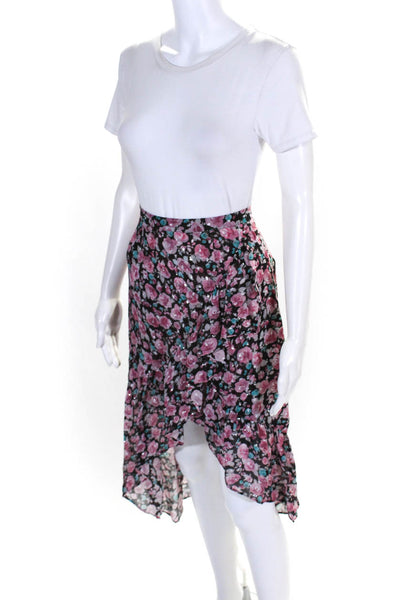 The Kooples Womens Sparkle Detail Floral Ruffle High Low Skirt Black Pink Size 2
