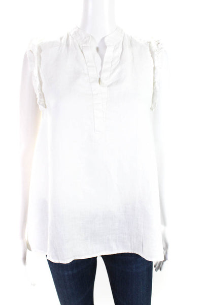Reistor Womens White Linen V-Neck Ruffle Sleeveless Blouse Top Size S