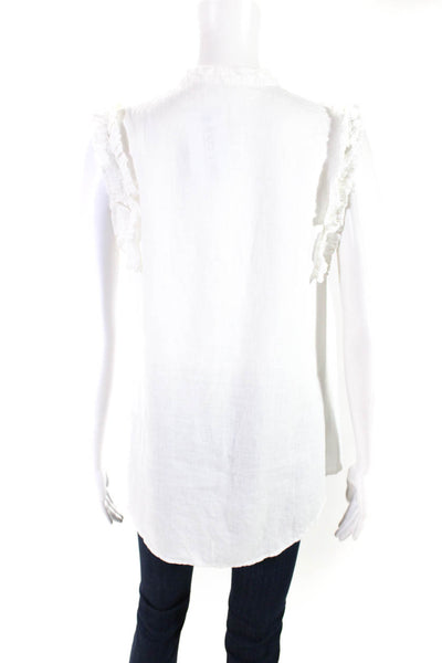 Reistor Womens White Linen V-Neck Ruffle Sleeveless Blouse Top Size S
