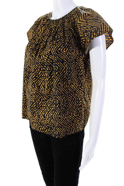 Ulla Johnson Womens Abstract Round Neck Short Sleeve Blouse Black Yellow Size 0