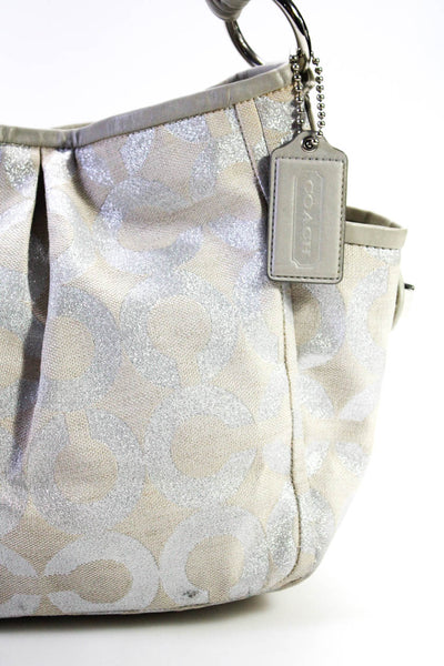 Coach Womens Canvas Pleated Leather Handle Shoulderbag Handbag Beige Silver Tone