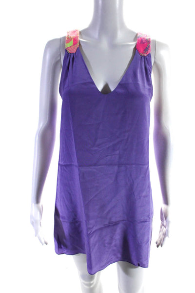 Rory Beca Womens Silk V Neck Above Knee Mini Slip Tank Dress Purple Size S