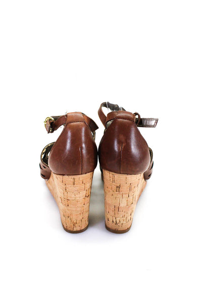 Tahari Women's Leather Strappy Open Toe Wedge Heel Sandals Brown Size 7.5