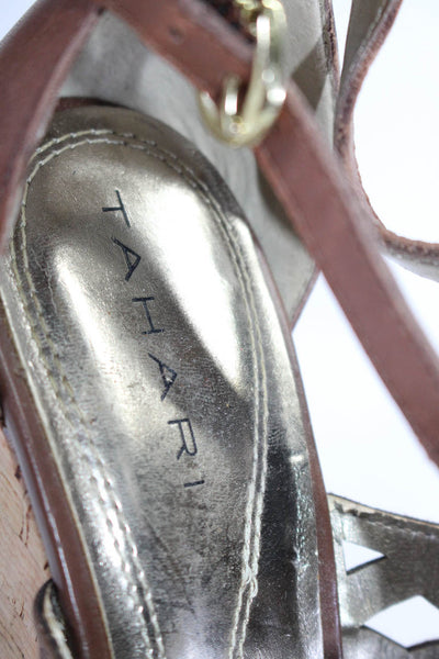 Tahari Women's Leather Strappy Open Toe Wedge Heel Sandals Brown Size 7.5