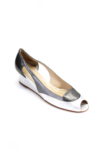 Bruno Magli Women's Leather Peep Toe Wedge Heel Pumps Gray Size 8.5