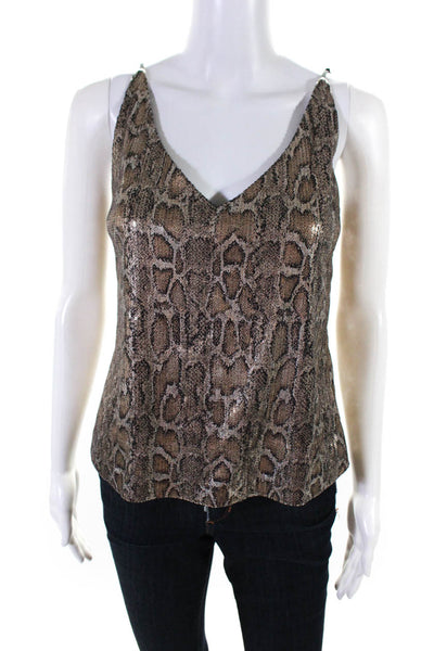 L'Agence Womens Snakeskin Printed Sequin V-Neck Tank Top Blouse Beige Size XS