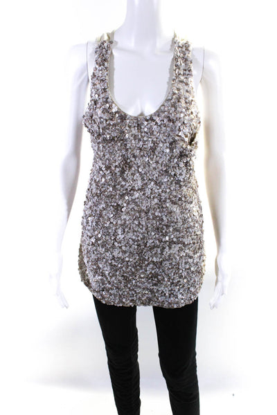 Poleci Womens Chiffon Sequin Scoop Neck Tank Top Blouse Gray Size 8