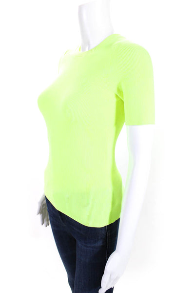 Helmut Lang Women's Crewneck Short Sleeves Ribbed Blouse Neon Yellow Size XS