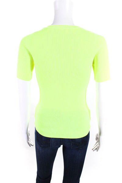 Helmut Lang Women's Crewneck Short Sleeves Ribbed Blouse Neon Yellow Size XS