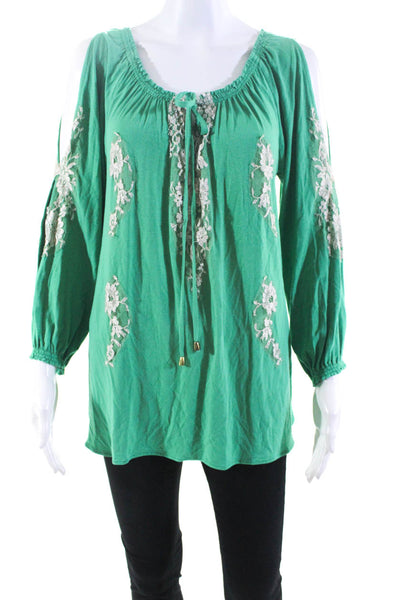 Vanita Rosa Womens Floral Lace Striped Long Sleeve Ruched Blouse Green Size S