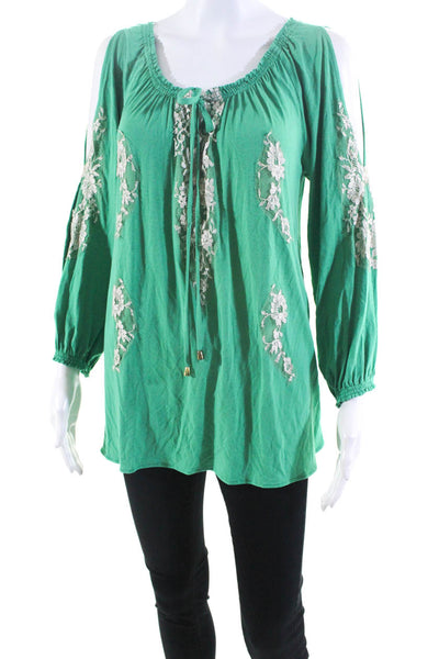 Vanita Rosa Womens Floral Lace Striped Long Sleeve Ruched Blouse Green Size S
