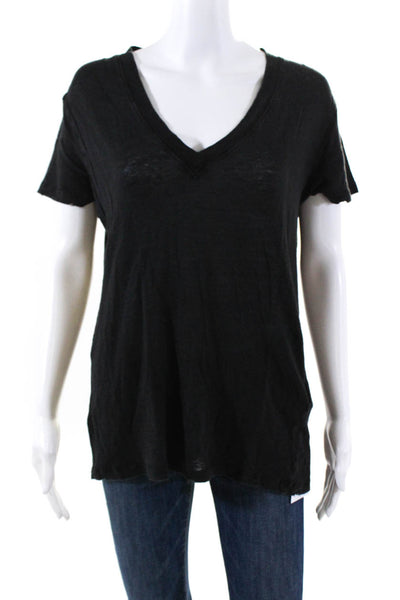 IRO Womes Linen Short Sleeve V Neck Libbyip Tee Shirt Black Size Medium