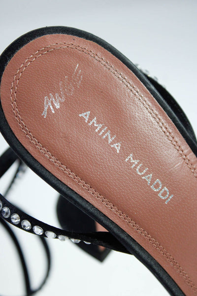 Amina Muaddi Women's Rhinestone High Heel Strappy Lace Up Sandals Black Size 38