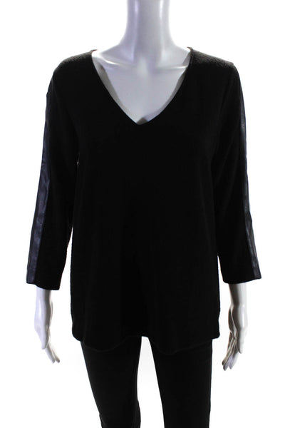 Club Monaco Womens Textured Knit Faux Leather V-Neck Pullover Top Black Size L