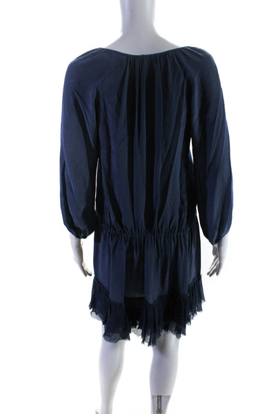 Rebecca Taylor Womens Drawstring Long Sleeve Sheath Dress Blue Silk Size 2