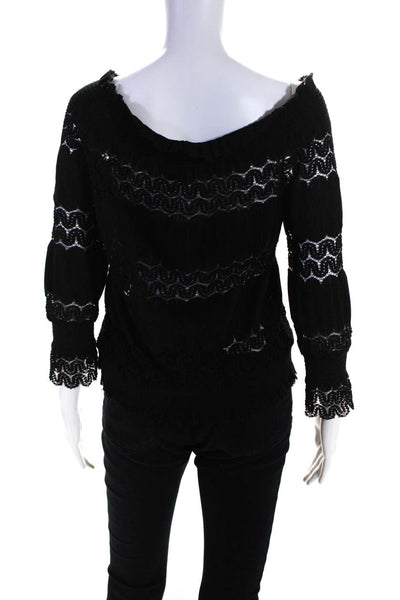 Deletta Womens Solid Long Sleeve Shirred Ruched Crochet Blouse Black Size Small