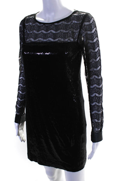 Cynthia Steffe Womens Silk With Lace Sleeves Sequined Shift Dress Black Size 0