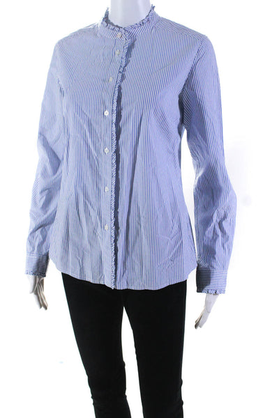 Boden Womens Frill Neck Striped Poplin Button Up Shirt Blouse Blue White Size 4
