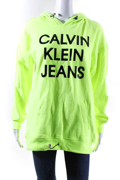 Calvin Klein Jeans Womens Cotton Graphic Drawstring Hoodie Neon Green Size S