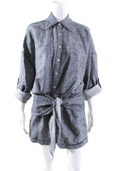 Divine Heritage Womens Collared Short Sleeve Button Down Romper Blue Size S
