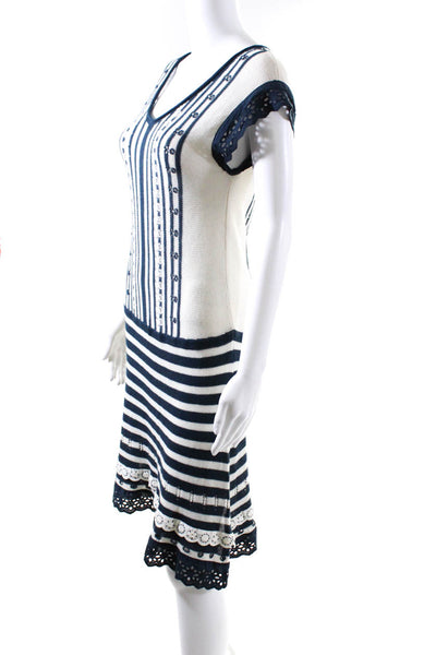 Nanette Lepore Womens Blue Silk Linen Striped Scoop Neck Shift Dress Size M
