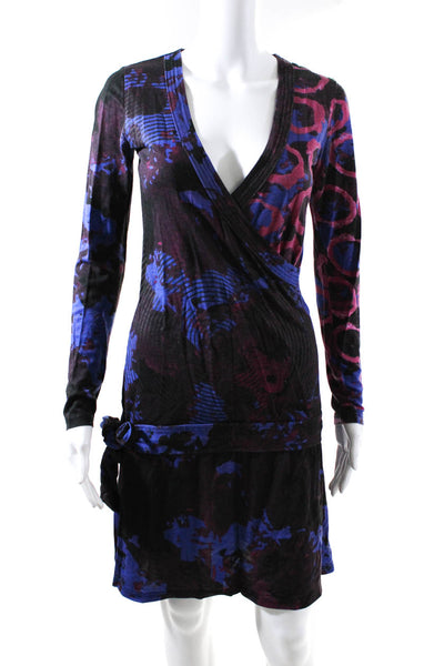 Desigual Womens Purple Blue Printed V-Neck Long Sleeve Shift Dress Size M