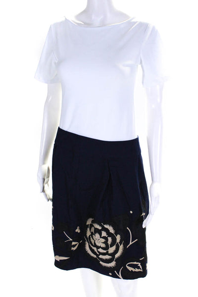 Floreat Womens Side Zip Floral Embroidered A Line Skirt Navy Blue Size 6