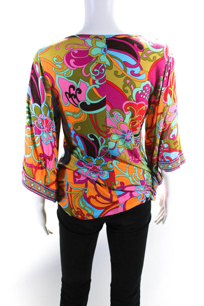 Trina Turk Womens FLoral Pattern V Neck Short Bell Sleeve Blouse Top Pink Size P