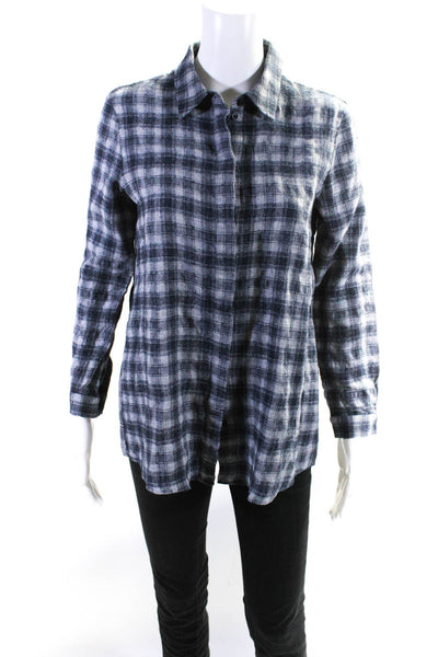 Lafayette 148 New York Womens Plaid Long Sleeve Button Collared Top Blue Size S
