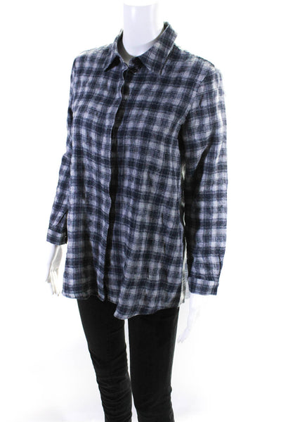Lafayette 148 New York Womens Plaid Long Sleeve Button Collared Top Blue Size S