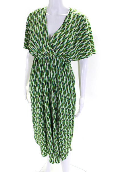 Maggy London Women's Printed Short Sleeve V Neck Midi Dress Green Size 2