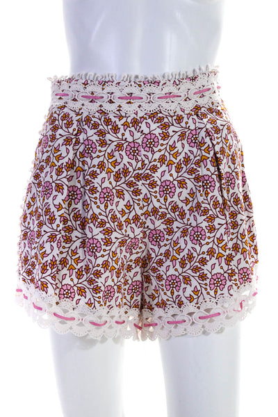 Rahi Womens Back Zip Embroidered Trim Floral Shorts White Pink Size Small