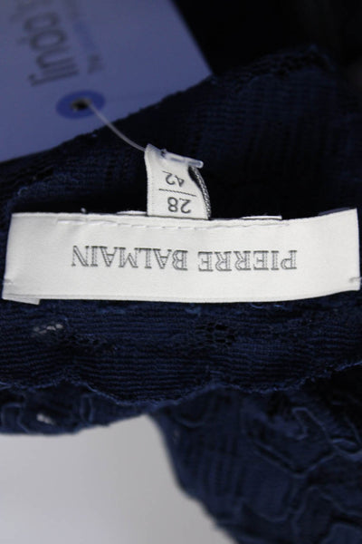 Pierre Balmain Womens Back Zip Crew Neck Mini Lace Sheath Dress Navy Blue IT 42