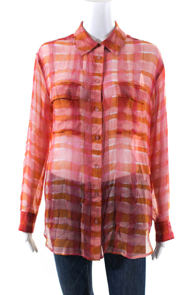 Equipment Femme Women's Silk Checkered Button Down Shirt Pink Size S