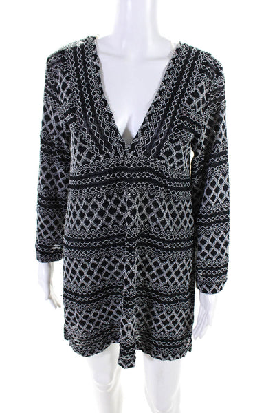 J. Valdi Womens Embroidered V Neck A Line Dress Black White Size Medium