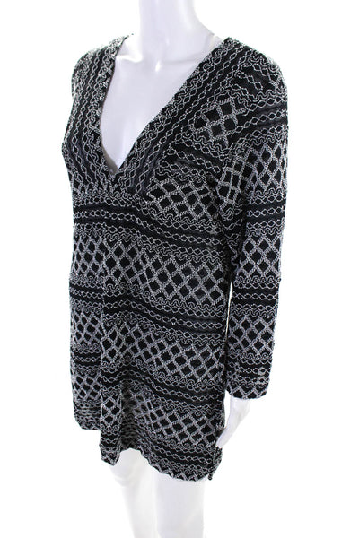 J. Valdi Womens Embroidered V Neck A Line Dress Black White Size Medium