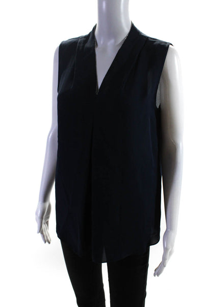 Elie Tahari Women's Silk Embellished Sleeveless V Neck Blouse Navy Size S