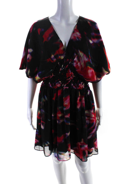 Halston Heritage Womens Chiffon V-Neck Smocked Waist Dress Black Size 2