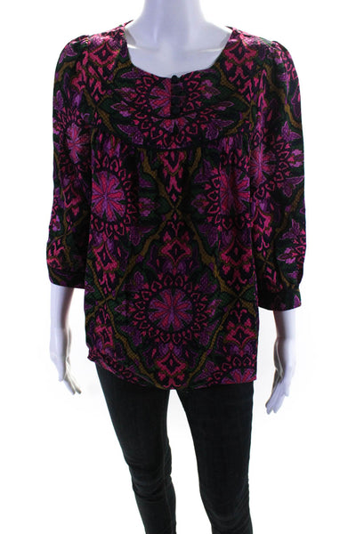 Milly Womens 3/4 Sleeve Scoop Neck Silk Abstract Shirt Pink Green Brown Size 2