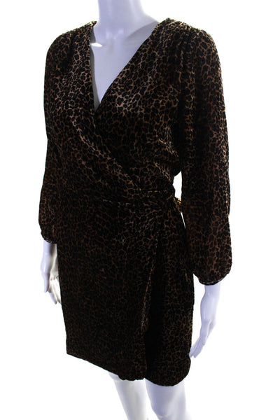 J Crew Womens 3/4 Sleeve Mini Cheetah Velour Wrap Dress Brown Black Size 0