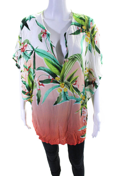 Trina Turk Womens Floral Print Curved Hem Batwing Blouse Multicolor Size S