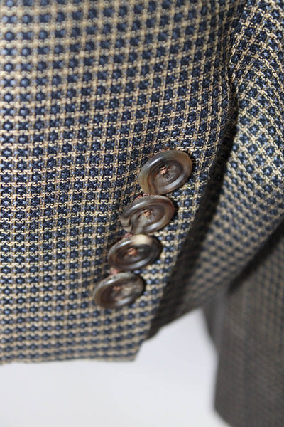 Hickey Freeman Mens Square Pattern Two Button Blazer Jacket Brown Navy Size 44L