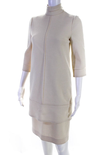 Chado Ralph Rucci Womens Solid Mock Neck Tiered Long Sleeve Dress Beige Size S