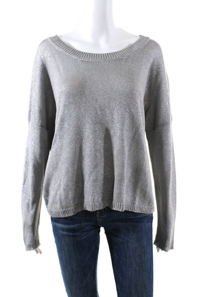 Vince Womens Metallic Knit Scoop Neck Long Sleeve Sweater Top Gray Size M