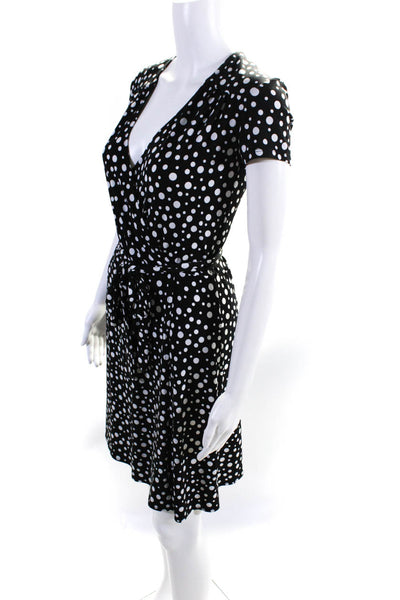 Black Saks Fifth Avenue Womens V Neck Slit Polka Dot Belted Dress Black Size XS