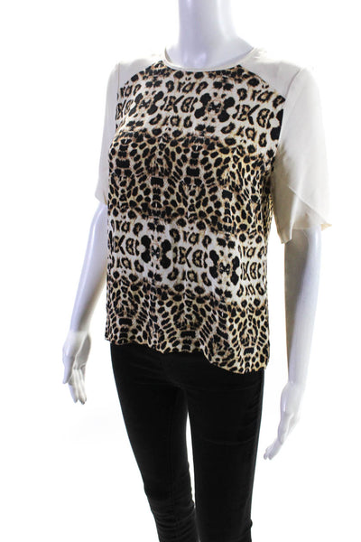 A.L.C. Womens Silk Cheetah Print Patchwork Colorblock Zipped Blouse Beige Size 2
