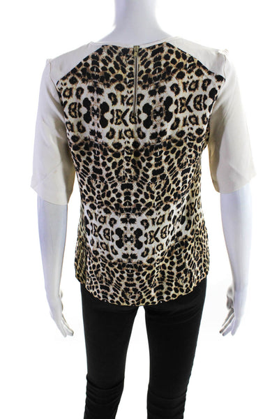 A.L.C. Womens Silk Cheetah Print Patchwork Colorblock Zipped Blouse Beige Size 2