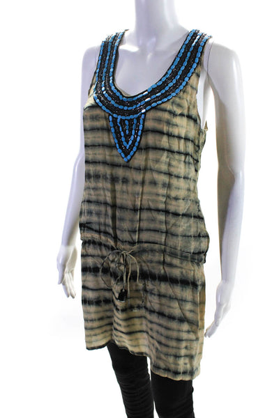 Karina Grimaldi Womens Stripe Embroider Sleeveless Tank Top Blouse Beige Size XS